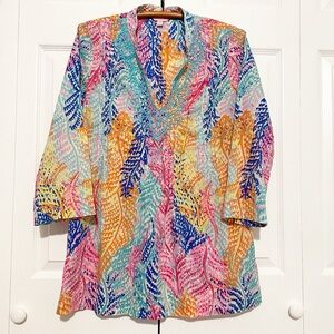 Lilly Pulitzer Sarasota Beaded Tunic Top Size Medium Electric Feel Print Cotton